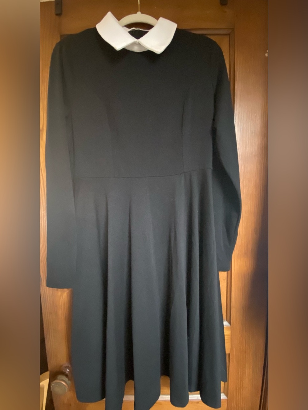 Classic Black Long-Sleeve Dress with White Peter Pan Collar
